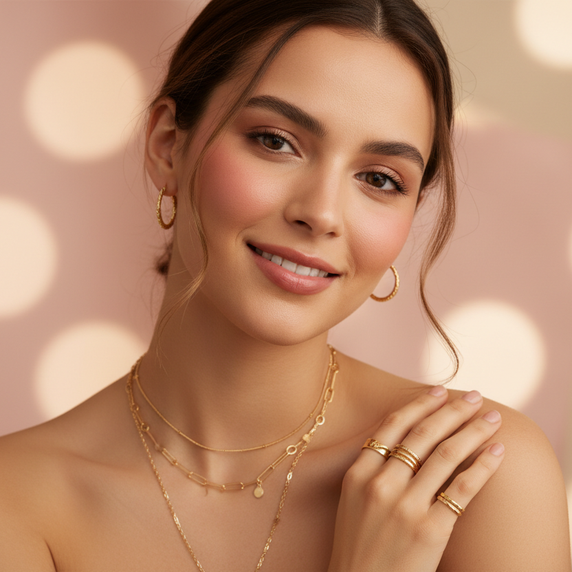 Soft pink or beige background

Close-up of a woman wearing minimal gold jewelry

Soft natural lighting

Slight smile or relaxed pose

Aesthetic depth-of-field (blurred background)

Warm tones

Elegant feminine vibe